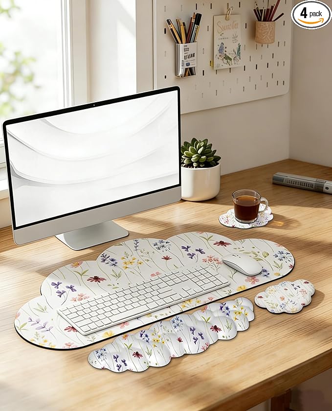 JIKIOU Large Cloud Mouse Pad Waterproof with Cloud Keyboard Wrist Pad and Cloud Mouse Wrist Pad Set, Ergonomic Computer Desk Wrist Support Mousepad for Keyboard and Mouse 35.4x15.7in White Flowers