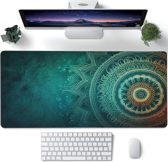 Large Gaming Mouse Pad for Desk,Retro Mandala Flower Desk Mat for Desktop,Mandala Floral Desk Pad, Extended Big Computer Keyboard Mouse Pad with Non-Slip Base and Stitched Edge 35.4"x15.7"