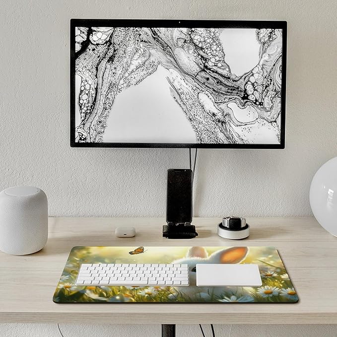 Large Ergonomic Gaming Mouse Pad Baby Bunny in Daisy Field - Sweet Rabbit Theme with Non-Slip Base Water-Resistant Surface and Stitched Edges 40X75cm