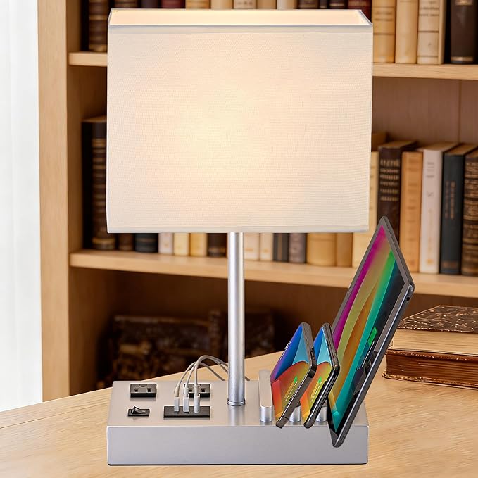 Dreamholder Bedside Table Lamp with 3 USB Charging Ports, 2 AC Outlets and 3 Phone Stands, Modern USB Desk Lamp with Silver Wooden Base