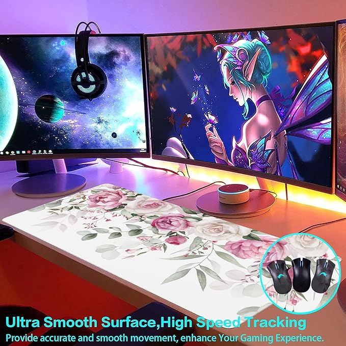 Large Gaming Mouse Pad for Desk,Pink Peony Flowers Eucalyptus Leaves Desk Mat,Watercolor Floral Desk Pad,Extended Big Computer Keyboard Mouse Pad with Non-Slip Base Stitched Edge 35.4"x15.7"
