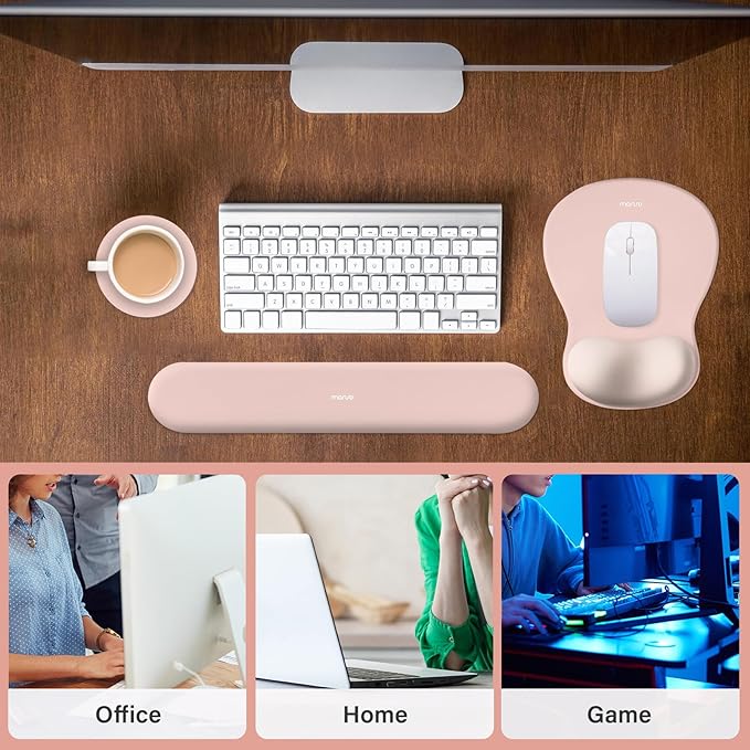 MOSISO Wrist Rest Support for Mouse Pad&Keyboard Set, Curved Ergonomic Mousepad&Coaster Non-Slip Base Home/Office Pain Relief&Easy Typing Cushion with Soft Cloth&Silicone Lining, Pink