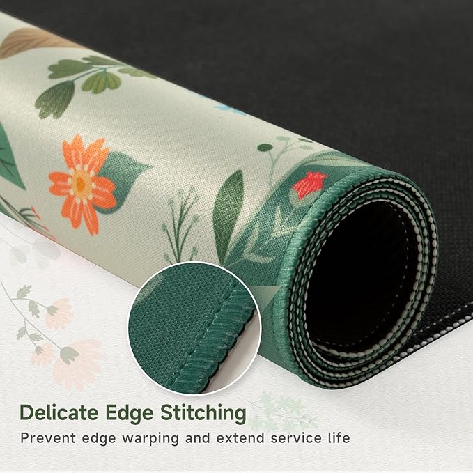 HAOCOO Green Floral Desk Mat for Keyboard and Mouse, Waterproof Desk Matt for Desktop, Large Mouse Pad, Non-Slip Keyboard Mat with Stitched Edge for Office, School, Home