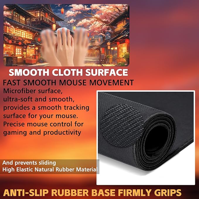 Desk Pad, Japanese Anime Night Street Scene Desk Mat, Anime Street Scene Large Gaming Mouse Pad, 31.5"x15.7" Extended Big Computer Mouse Pad with Non-Slip Base and Stitched Edge