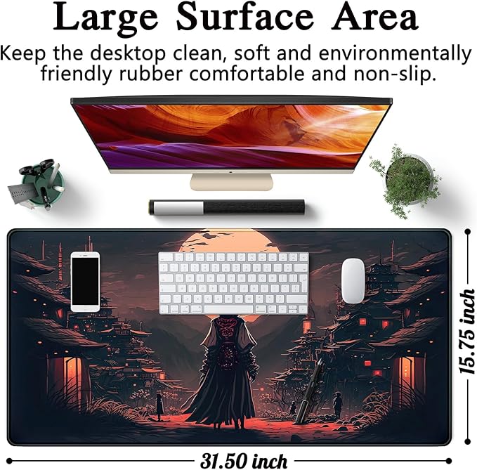 Japanese Landscape Desk Mat Post Moonlight Samurai Mouse Pad Large Dark Aesthetic Desk Pad Gaming Mousepad Extended XXL 31.5 x 15.7 in Laptop Computer Mouse Keyboard Mat