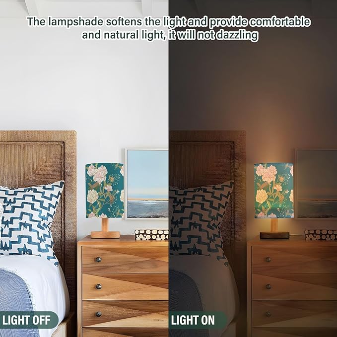 Teal Flora LED Table Lamp, Bedside Lamp with Linen Lampshade, Flicker-Free Eye Care USB Plug in Nightstand Lamp, for Bedroom and Office