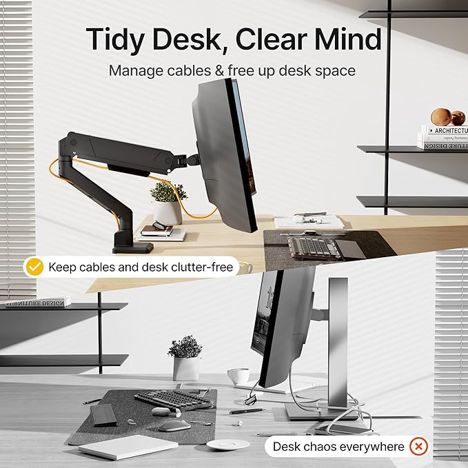 monTEK Single Monitor Arm for Max 45 Inch Ultrawide Screens Adjustable Monitor Desk Mount Holds 35 Lbs Cable Management with Clamp/Grommet Desk Mount, VESA 75/100mm