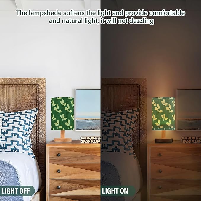 Green Leaf LED Table Lamp, Bedside Lamp with Linen Lampshade, Flicker-Free Eye Care USB Plug in Nightstand Lamp, for Bedroom and Office