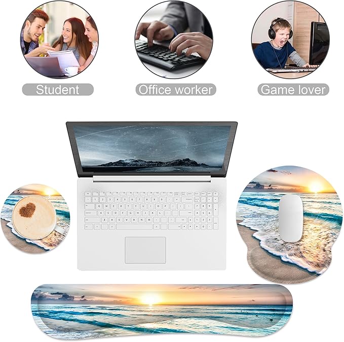 Ergonomic Mouse Pad with Wrist Rest and Keyboard Wrist Rest, Mousepad and Wrist Rest for Computer Keyboard, Non-Slip Rubber Base, Mouse Pad with Wrist Support for Gaming, Office, Beach