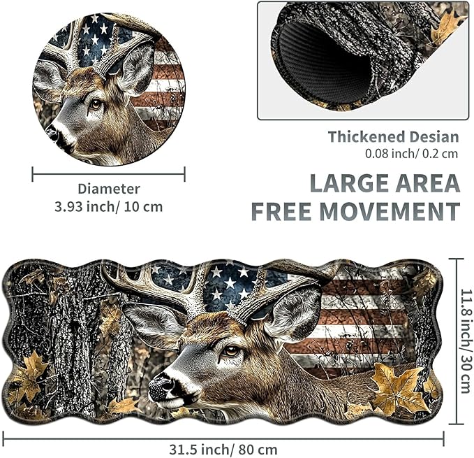Camo Flag Deer Large Gaming Mouse Pad Plus a Coaster, 31.5 x 11.8 inches Desk Mat Extended XL Mousepad with Stitched Edge Non-Slip Rubber, Desk Pad Computer Mouse Mat for Home Office