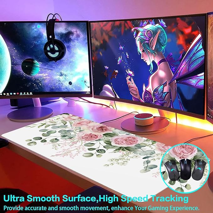 Desk Mat,Peony Flowers and Eucalyptus Leaves Large Gaming Mouse Pad for Desk XXL,Pink Floral Desk Pad,Extended Big Computer Keyboard Mouse Pad with Non-Slip Base Stitched Edges 35.4"x15.7"