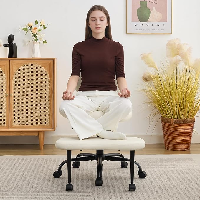 Ergonomic Criss Cross Legged Office Chair, ADHD Chair, Wide Height Adjustable Seat 360° Swivel Footstool with Wheels, PU Leather Meditation Kneeling Chair, for The Restless Home Workers, Beige