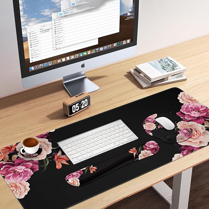 iLeadon Mouse Pad Set, Desk Mat + Mouse Pad with Wrist Rest + Keyboard Wrist Rest + Coaster, 4in1 Mouse and Keyboard Pad Set for Home Office, Peony Flowers