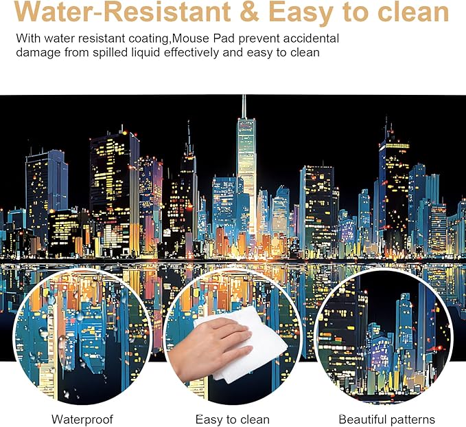 Large Mouse Pad & Keyboard Mat 35x16 Inches, Modern City Nightscape with Neon Lights Non-Slip Rubber Base Desk Mat, Large Extended Desk Protector for Home Office Gaming Setup