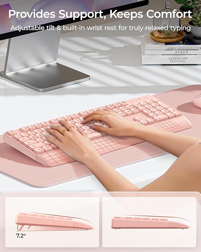 seenda Wireless Bluetooth Keyboard and Mouse Combo, COE200 Ergonomic Wireless Keyboard Mouse with Wrist Rest, Multi-Device Connection, Full-Size Compatible for Computer/Laptop/Mac/MacBook, Pink