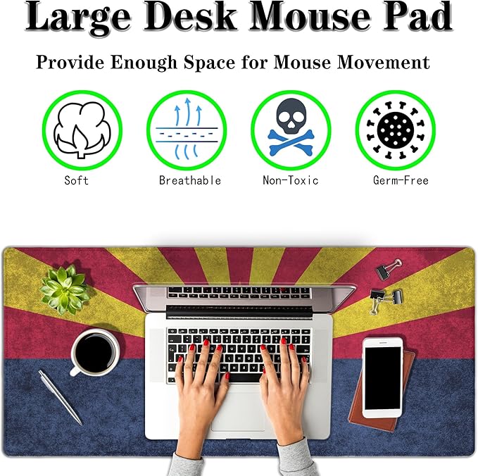 Gaming Desk Mat - Yellow Modern Mouse Pad, Extra Large Non-Slip Rubber Base, 35.4" X 15.7" for Work, Game, Office, Home - Arizona State Flag