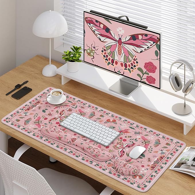 iCasso Large Mouse Pad for Desk, Computer Desk Mat, 3Pcs XXL Keyboard and Mouse Pad + Keyboard Wrist Rest, Desk Matt for Desktop, Easy Typing & Comfort Ultra Thick Mousepad Keyboard Mat (Pink)