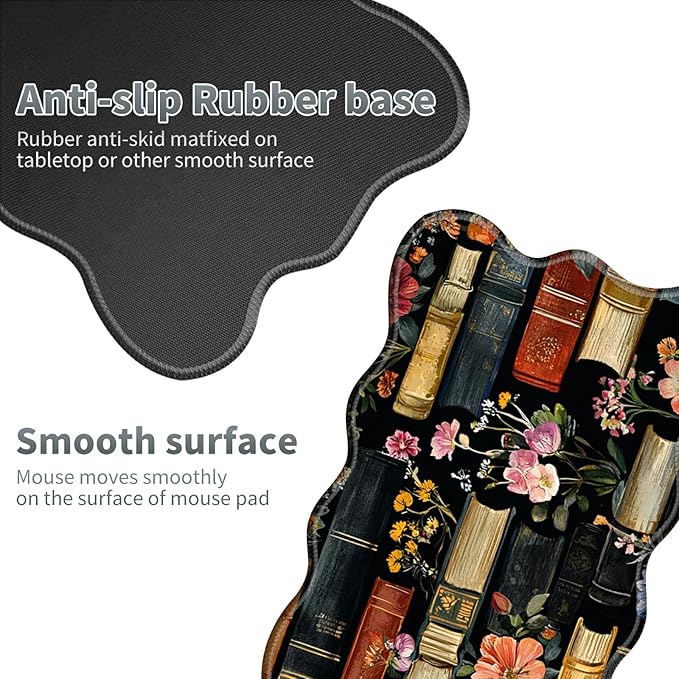 Flowers Bookshelves Large Gaming Mouse Pad Plus a Coaster, 31.5 x 11.8 inches Desk Mat Extended XL Mousepad with Stitched Edge Non-Slip Rubber, Desk Pad Computer Mouse Mat for Home Office
