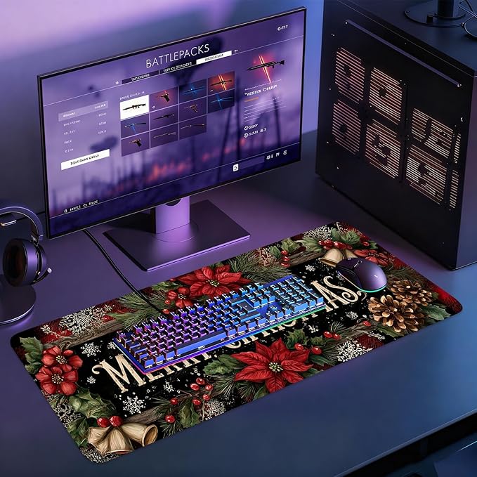 Desk Mat, XXL Extended Gaming Pad for Desktop, 31x12 Inches Floral with Flowers, Large Non-Slip Vegan Leather Surface with Stitched Edges, Keyboard Mouse Mat for Home Office