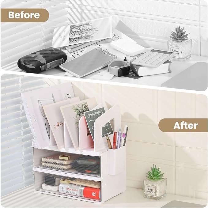 White Acrylic Desk Organizer with Drawer & File Holder, Stackable Modular Storage System, Multi-Layer Desktop Organizer, Space Saving Desk Organizer for Home Office & Study