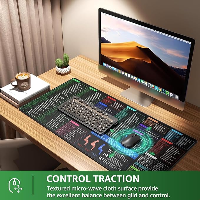 KTRIO Excel Shortcuts Mousepad Desk Mat, Superior Micro-Weave Cloth for Precise Mouse Control, Non-Slip Rubber Base, Stitched Edges, Water-Resistant, for Gamer, Office & Home, Excel Shortcuts