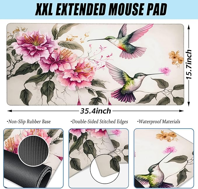 Desk Mat,Colibri and Pink Flowers Large Gaming Mouse Pad for Desk XXL,Birds and Floral Desk Pad,Extended Big Computer Keyboard Mouse Pad with Non-Slip Base and Stitched Edge 35.4"x15.7"