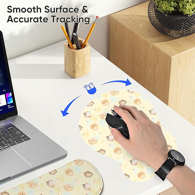 Wrist Rest Support for Mouse Pad Keyboard Set Circle Coaster Gaming Mouse Pad Ergonomic Gel Memory Foam Set for Computer, Laptop, Office, Comfortably Typing Cat KM-35