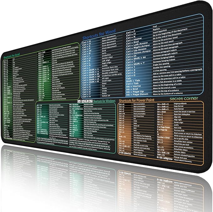 secret corner excel&Word&Windows&powerpoint Cheat Sheet Mousepad,Extra Large Office Desk Accessories Desk mat,Office Keyboard Shortcuts Mouse pad, Non-Slip for Computer Gaming Mouse pad 27.6"x11.8"