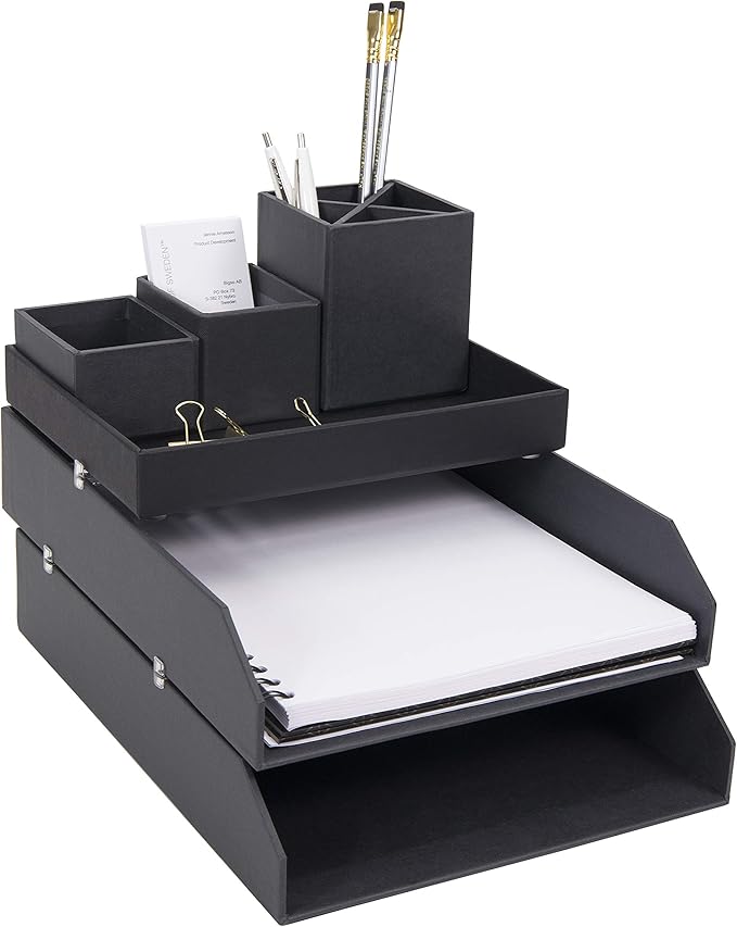 Bigso Hakan Letter Trays - Stackable Paper Tray Organizer with Stable Rubber Feet for A4 or Letter Size Documents - 9.1 in x 12.2 in x 2.4 in - Pack of 2 - Dark Grey