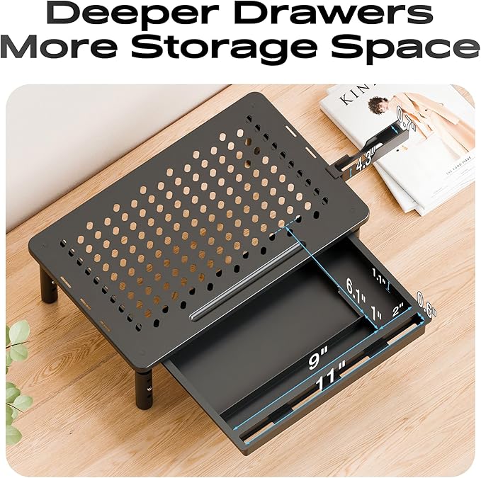 Computer Monitor Stand Riser with Storage, 3 Height Adjustable Laptop Desktop Monitor Stand with Drawer, Metal Short Printer Table, Stand Riser for Desk, Office Desk Organizers and Accessories, 1 Pack