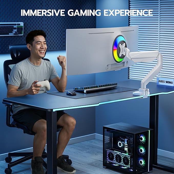 ARES WING Ultrawide Monitor Arm, Heavy Duty Single Monitor Mount for 13"-49" Curved Screens, Adjustable Stand for Desk with C-clamp & Grommet Base up to 40 LBS, White
