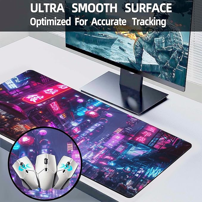 Desk Mat,Cyberpunk Neon City Large Gaming Mouse Pad for Desk XL,Futuristic Night Street Desk Pad,Extended Big Computer Keyboard Mouse Pad with Non-Slip Base and Stitched Edge 31.5"x11.8"