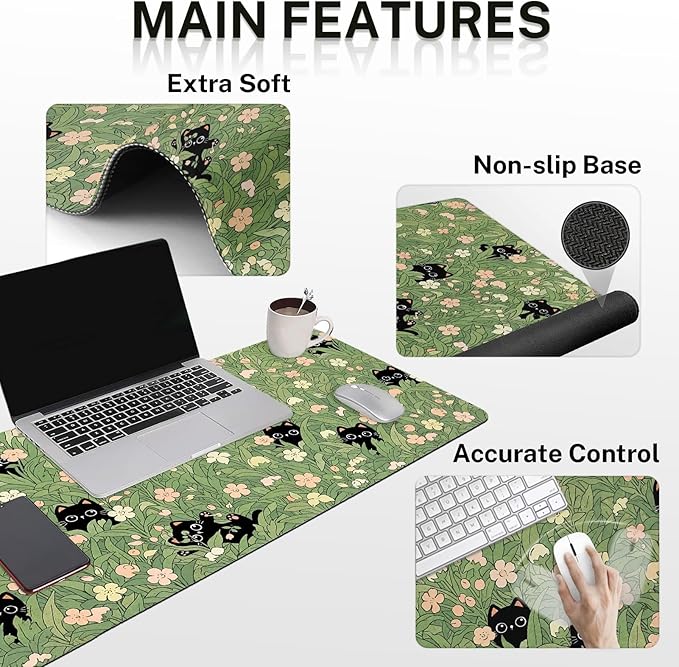 Arttown Cute Black Cat Desk Mat Pink Flower Green Leaves Mouse Pad Set 4 in 1 Ergonomic Design Large Desk Pad + Keyboard Wrist Rest + Mouse Wrist Rest + Coaster Suitable for Home Office Study Game