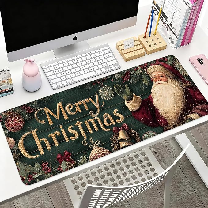 Desk Mat, XXL Extended Gaming Pad for Desktop, 31x12 Inches Vintage Santa, Large Non-Slip Vegan Leather Keyboard Mouse Mat for Home Office