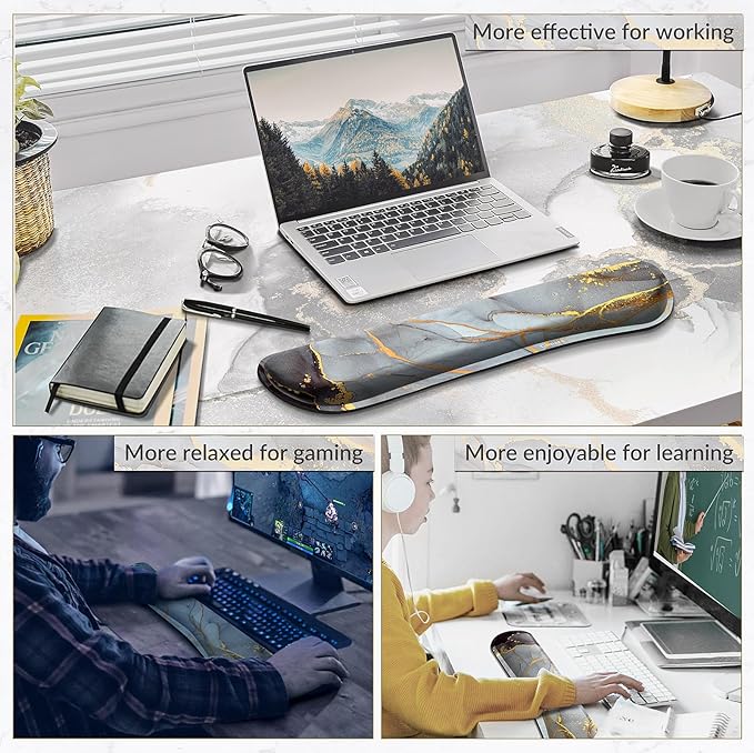 Gimars 17.3'' Extended Keyboard Wrist Rest Pad with 63D High-Density, Firm Memory Foam, Anti-Slip Rubber Base and Ergonomic Design for Typing,Office,Gaming, Computer, Laptop,Grey Golden
