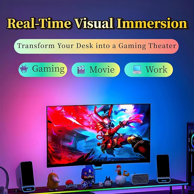 RGB Monitor Backlight with Screen Sync, Dual USB Powered Ambient Lighting Kit for 27 Inch Gaming Monitors, Music Mode, Immersive Dynamic LED Strip Lights for PC Setup (4 Sides - 27 inch)