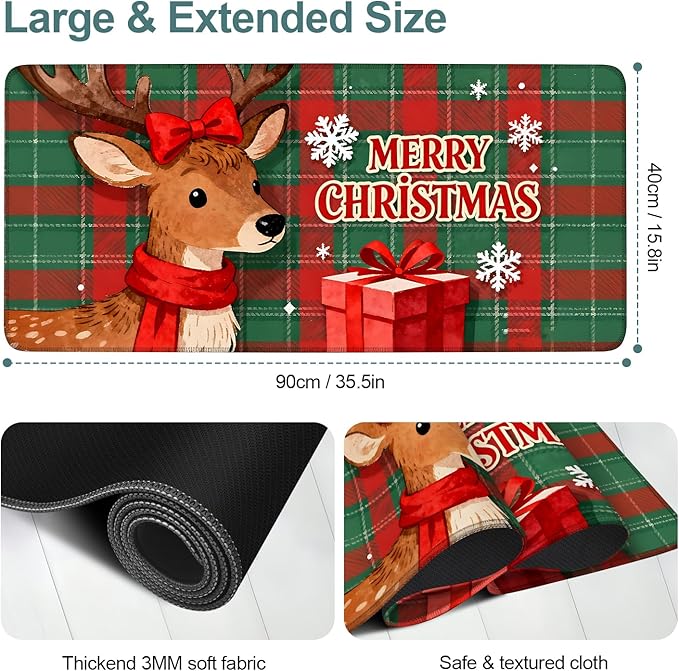 Merry Christmas - Elk Extended Gaming Mouse Pad 35.4x15.7Inch Large Desk Mat Anti-Slip Rubber Base & Durable Stitched Edges for Gamers Smooth Mouse Writing Surface for Desk Office/Home