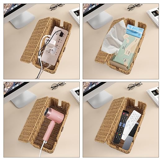 2 Pack Rattan Cable Management Box, Large Cord Organizer Box with Lid Under Desk Router Hider Storage Box with 4 Exits, Wire Box Hider for TV Wires Computer Surge Protector USB Hub Power Strip