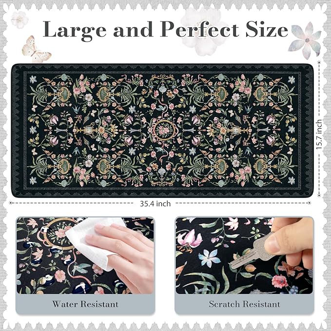 HAOCOO Elegant Floral Desk Mat, Vintage Aesthetic Mouse Pad Black, Flower Plant Extended Desk Cover Mat, 35.4" x 15.7" Non-Slip Computer Pad, Waterproof Desktop Protector for Office, Home, School
