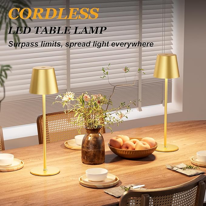 Cordless Table Lamp Rechargeable Gold - KK 2 Pack 5000mAH Battery Operated Lamp for Dining Table, 3 Color Stepless Dimming Waterproof LED Wireless Lamp for Counter, Outdoor Patio, Touch Control