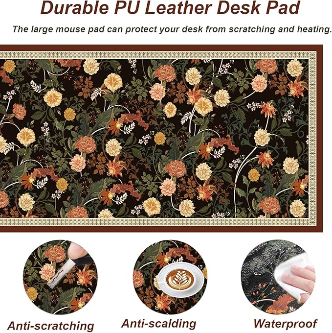 Desk Pad, ZAXOXAZ PU Leather Desk Pad Protector, 31.5" x 15.7" XXL Large Extended Flowers Mouse Pad, Big Desk Mat Floral Desk Blotter, Waterproof Desk Writing Pad for Office and Home