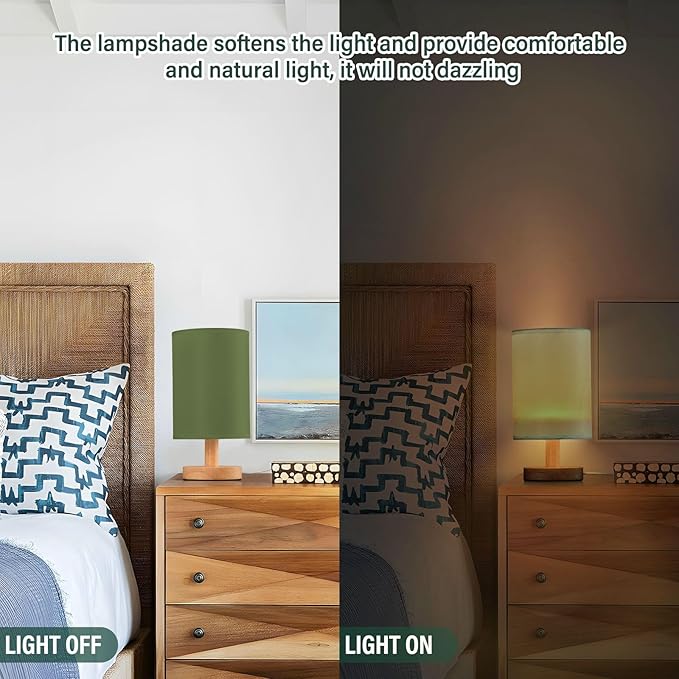 Olive Green Solid Color Bedside Table Lamp for Bedroom Nightstand, Small Eye Care LED Desk Reading Lamp USB Port Wood Base Round Flaxen Fabric Shade for for Kids Room Living Room Office Desk