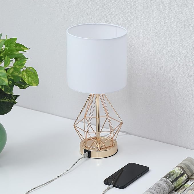 Table Lamp with USB Port, 3 Way Dimmable Touch Lamps for Nightstand, Modern Small Bedside Lamp with Fabric Shade, Gold Side Table Lamp for Bedroom Living Room, USB A & USB C, LED Bulb Included