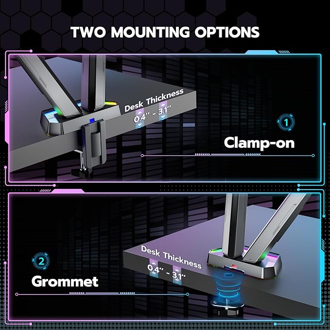 ARES WING RGB Dual Monitor Arm for 17-38" Ultrawide Screens, Holds 35.2lbs, Heavy Duty Dual Monitor Stand for Desk, Adjustable Double Mount with Clamp & Grommet Base, 75/100 VESA Mount, Gray