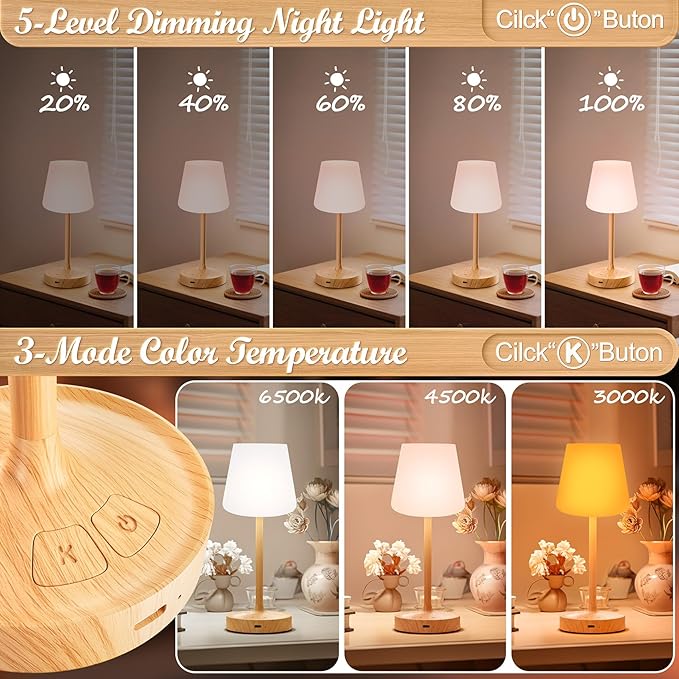 Small Shower Lamp Waterproof: Table Lamp with 4000mAH Battery - Rechargeable 3 Dimmable Cordless LED Lamp for Desk Bedroom Living Room Bathroom - Wood Grain Touch Light for Parents Kids