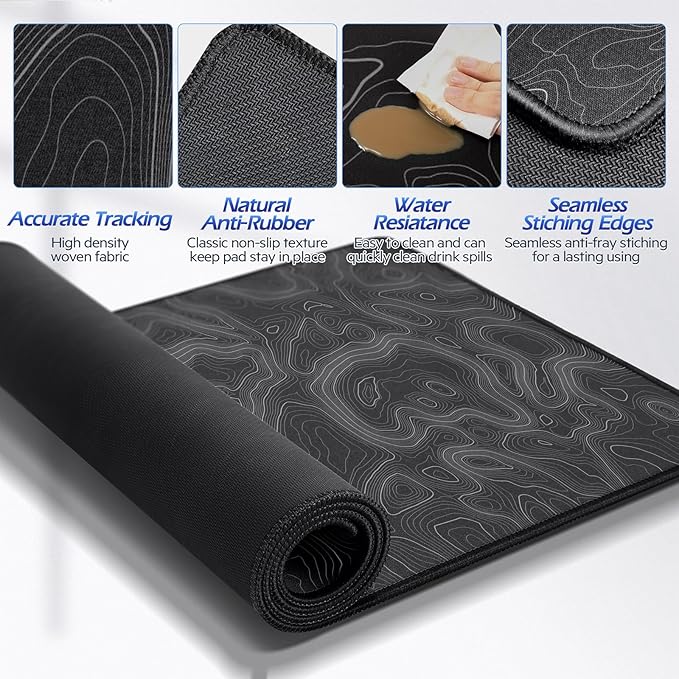 Gimars 4 in 1 Mouse Pad and Keyboard Wrist Rest Set, Large Mouse Pad with Memory Foam Wrist Support Pad for Desk with Coaster, Easy Typing, Gaming Office Home 31.5x12 in, Topographic Map