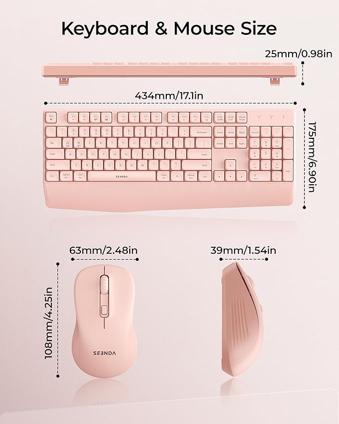seenda Wireless Bluetooth Keyboard and Mouse Combo, COE200 Ergonomic Wireless Keyboard Mouse with Wrist Rest, Multi-Device Connection, Full-Size Compatible for Computer/Laptop/Mac/MacBook, Pink