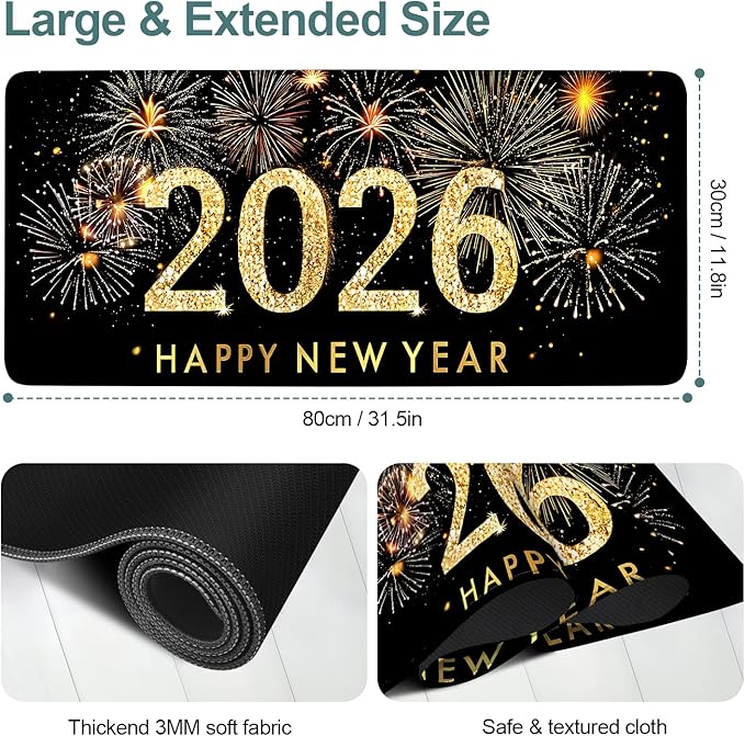Happy New Year - 2026 Extended Gaming Mouse Pad 31.5x11.8inches Large Desk Mat Anti-Slip Rubber Base & Durable Stitched Edges for Gamers Smooth Mouse Writing Surface for Desk Office/Home