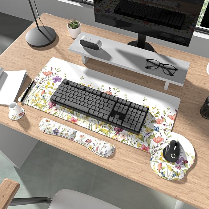 Ovenbird Mouse Pad Set 4-in-1 | Large Gaming Mousepad, Keyboard Wrist Rest, Mouse Wrist Support, Coaster | Ergonomic Office Desk Mat Accessories for Women Men | 4PCS, 35.4 x 15.7in, White Floral