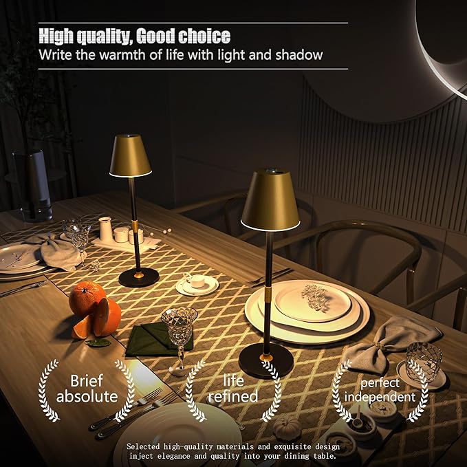 1-Pack Cordless Table Lamps - 5000mAh Rechargeable Battery Operated Desk Lamp, 3-Level Dimmable LED Night Light for Bedroom, Dining, Restaurant - Metal Design(Gold&Black-1Pack)